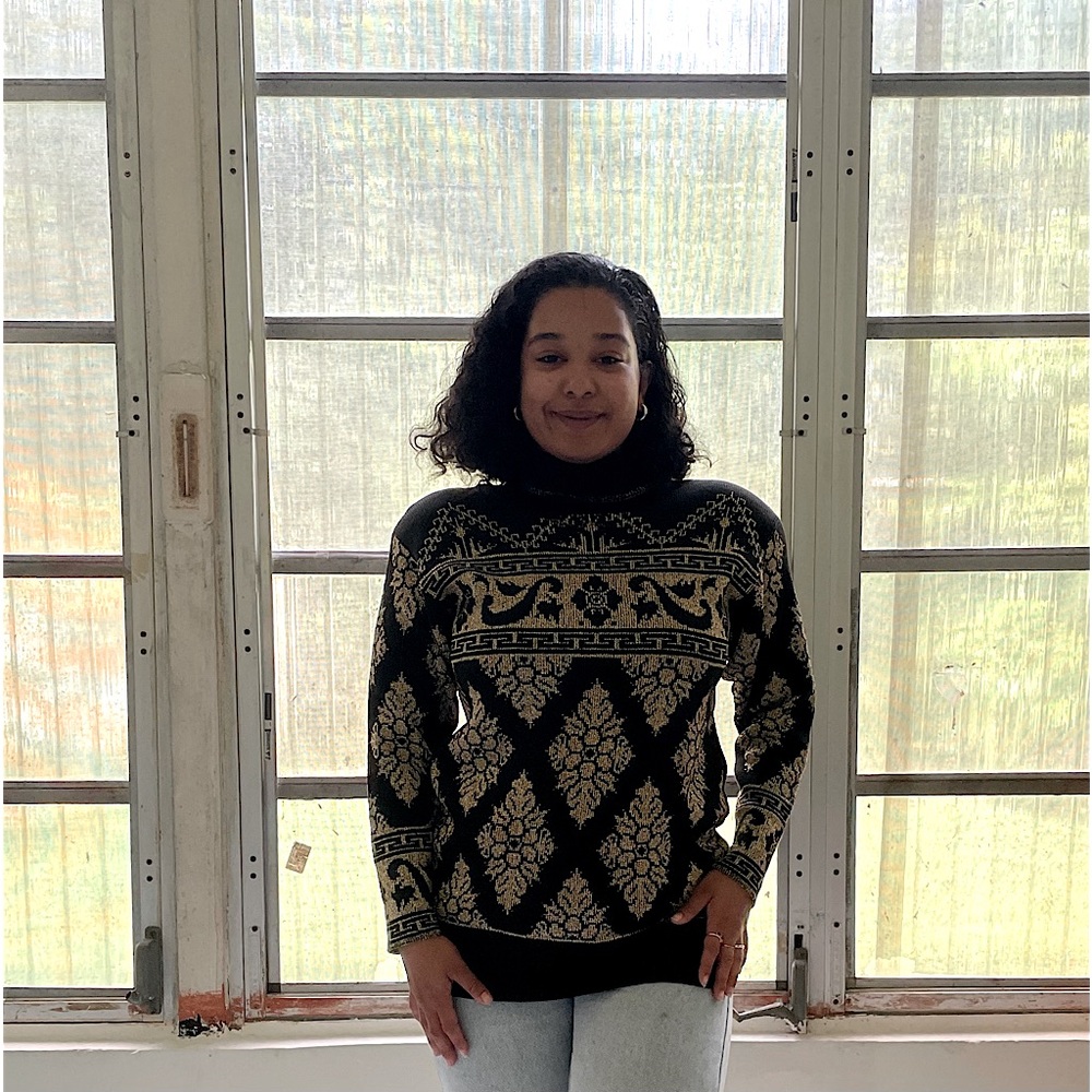 VTG 80s Pierre Cardin Black Gold Metallic Turtleneck Sweater Womens Large